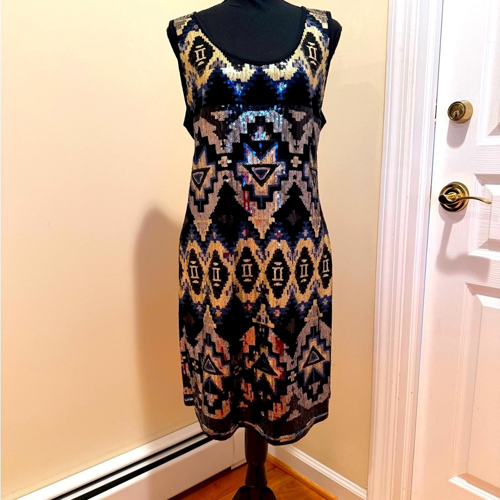 Cache Geometric Patterned Sleeveless Gold , Blue  Black sequins evening dress